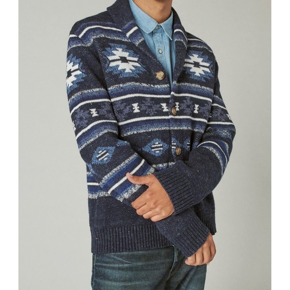 Lucky Brand Men's Legacy Button Down Knit Aztec Print‎ Cardigan Size L - Picture 1 of 9